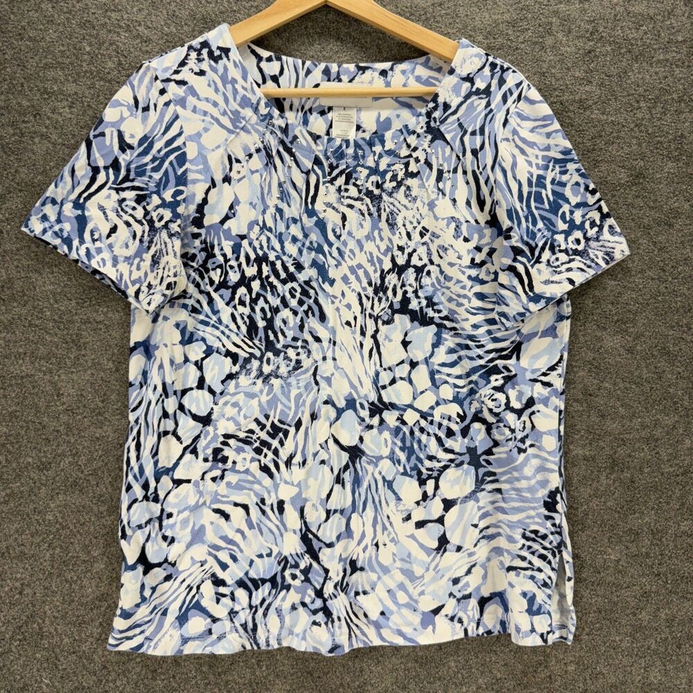 Alfred Dunner Blouse Women S Small Blue Animal Print Short Sleeve Cotton Casual